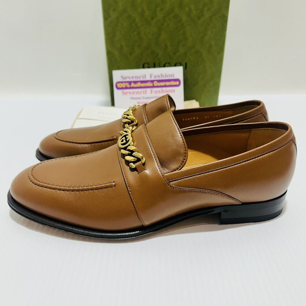 Gucci Chain Interlocking GG 9.5/ US 10 Loafer Brown Italian Leather Shoe NIB - Picture 9 of 13
